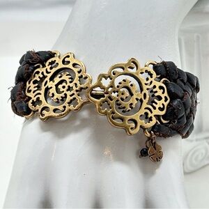 Lucky Brand, Boho Braided Dark Brown Leather Bracelet With Gold Filigree Clasp